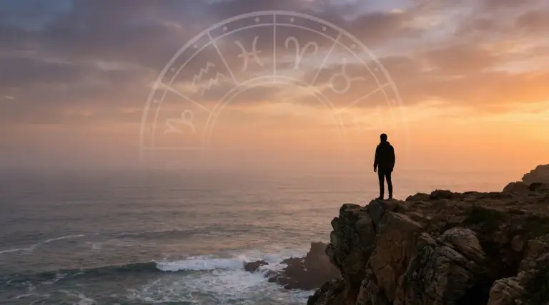 Persona su una scogliera al tramonto con simboli zodiacali sovrapposti nel cielo