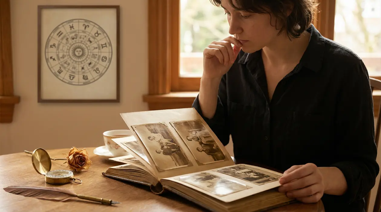 Persona che guarda un album di vecchie fotografie accanto a una tazza di tè e oggetti nostalgici