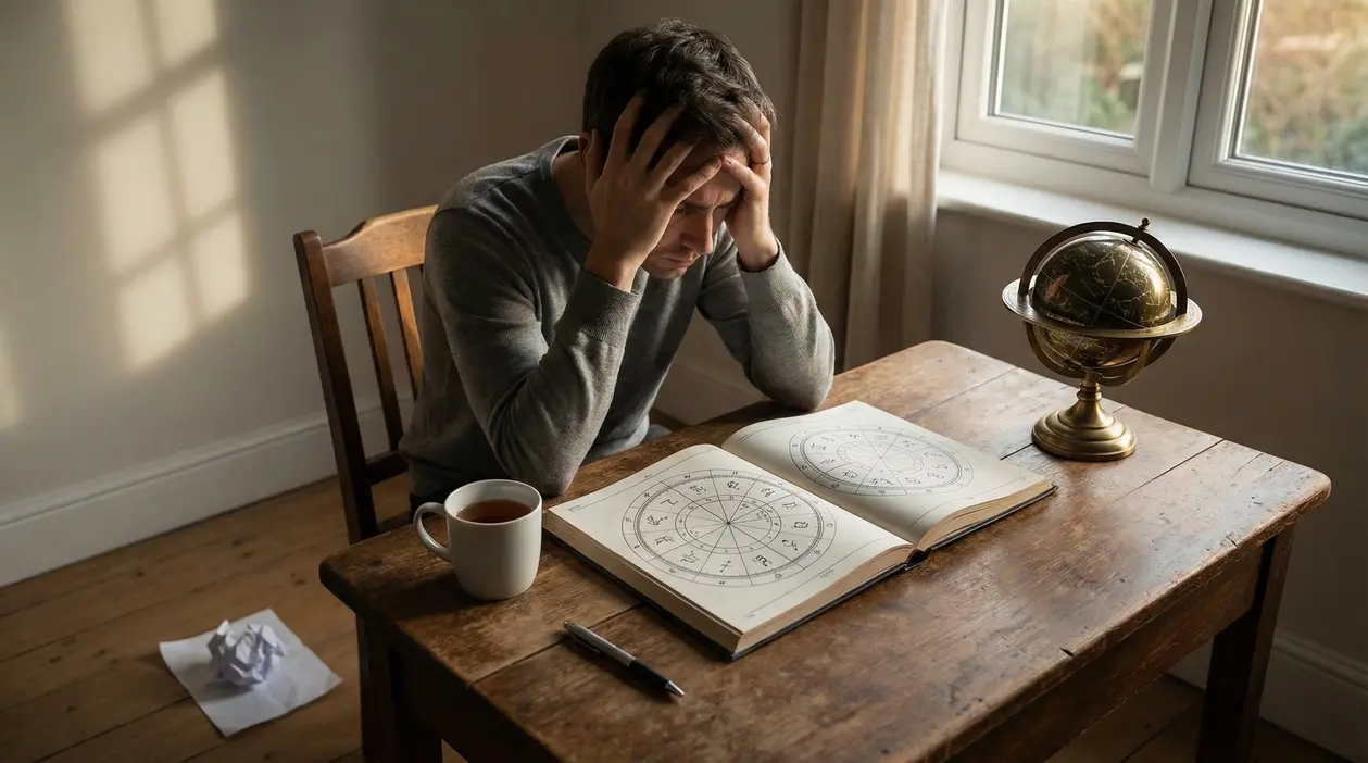 Persona pensierosa osserva un libro di astrologia con una tazza sul tavolo