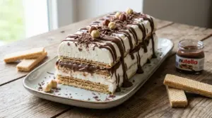 Semifreddo a strati con wafer, panna e nutella su piatto rettangolare