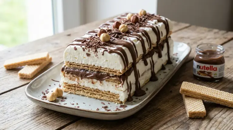 Semifreddo a strati con wafer, panna e nutella su piatto rettangolare