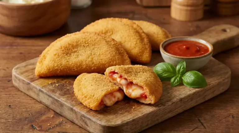 Sofficini dorati fatti in casa su un tagliere di legno con salsa di pomodoro