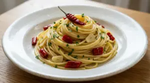 Piatto di spaghetti aglio, olio e peperoncino con prezzemolo fresco e peperoncini rossi