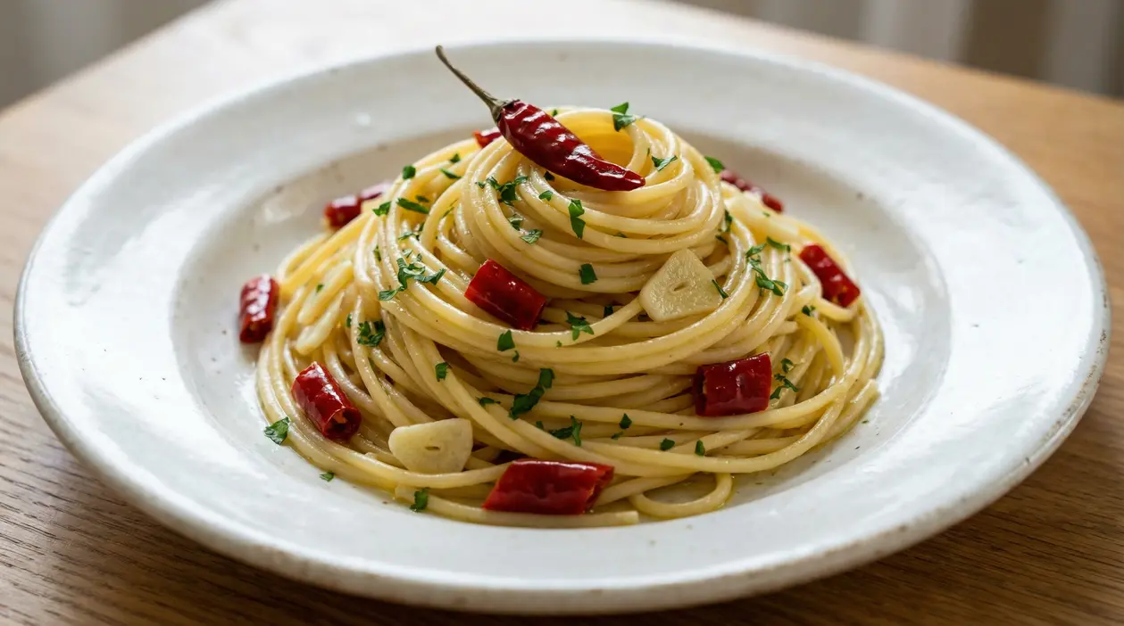 Piatto di spaghetti aglio, olio e peperoncino con prezzemolo fresco e peperoncini rossi