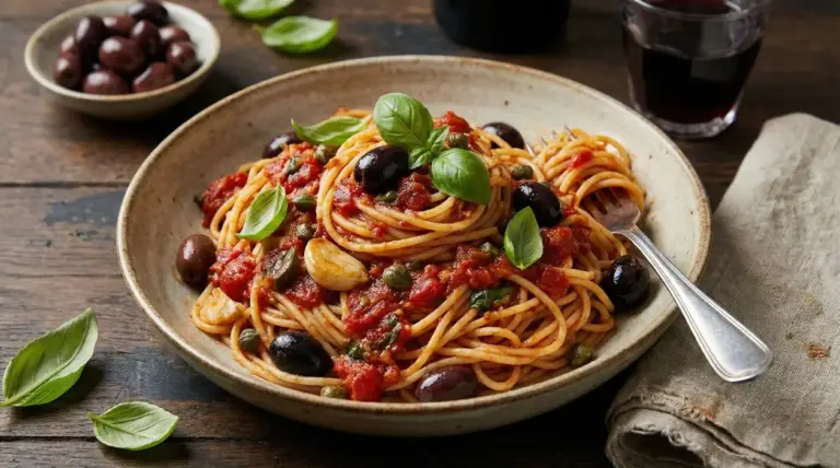 Piatto di spaghetti alla puttanesca con olive nere, capperi, pomodoro e basilico fresco