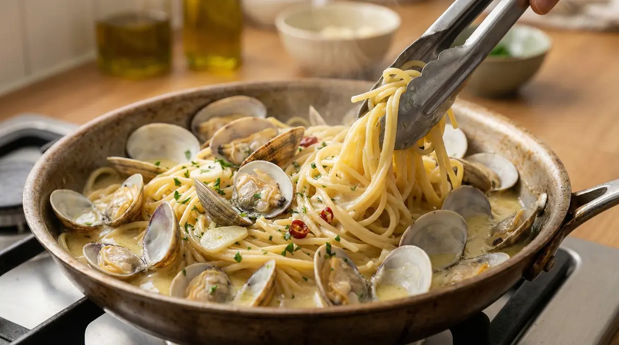 Spaghetti alle vongole cremosi in padella conditi con prezzemolo e peperoncino