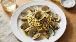 Piatto di spaghetti alle vongole con prezzemolo e fiori decorativi su tavolo di legno