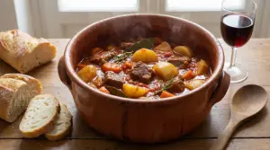 Spezzatino di manzo con patate servito in una pentola di terracotta con pane e bicchiere di vino rosso