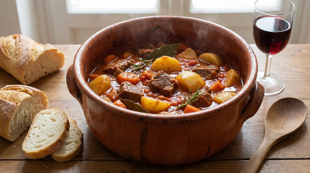 Spezzatino di manzo con patate servito in una pentola di terracotta con pane e bicchiere di vino rosso