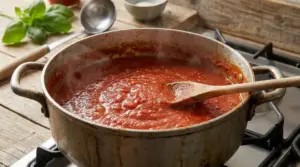 Pentola con sugo di pomodoro che cuoce su un fornello, mescolato con un cucchiaio di legno