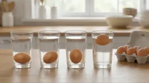 Uova immerse in bicchieri d'acqua per verificarne la freschezza