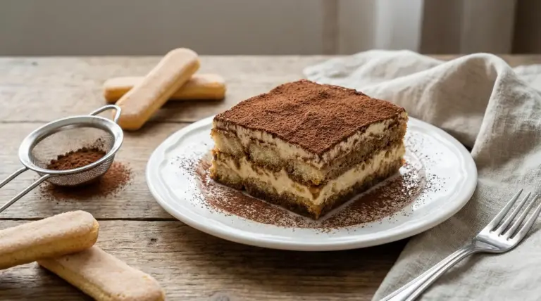 Fetta di tiramisù servita su un piatto bianco con cacao in polvere e savoiardi
