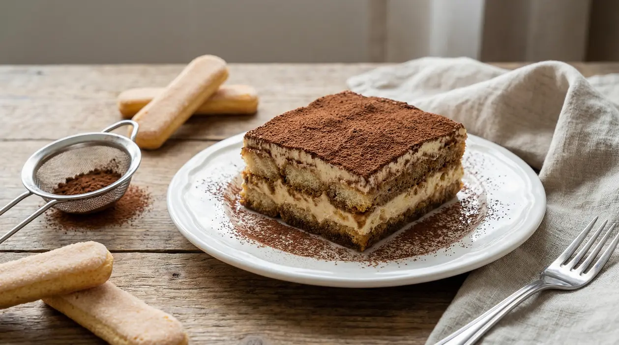 Fetta di tiramisù servita su un piatto bianco con cacao in polvere e savoiardi
