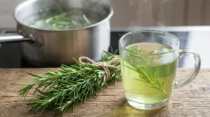 Tisana al rosmarino in tazza di vetro con ramoscello fresco, vicino a pentola sul fornello