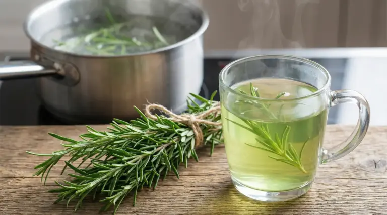 Tisana al rosmarino in tazza di vetro con ramoscello fresco, vicino a pentola sul fornello