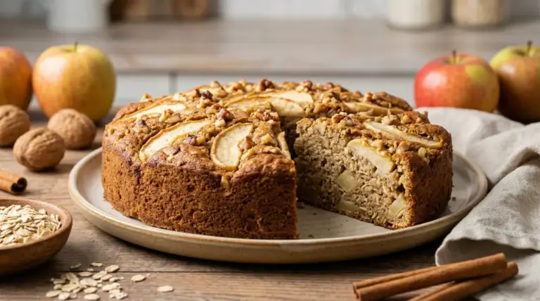 Torta di mele, avena e noci su un piatto in ceramica, con una fetta mancante