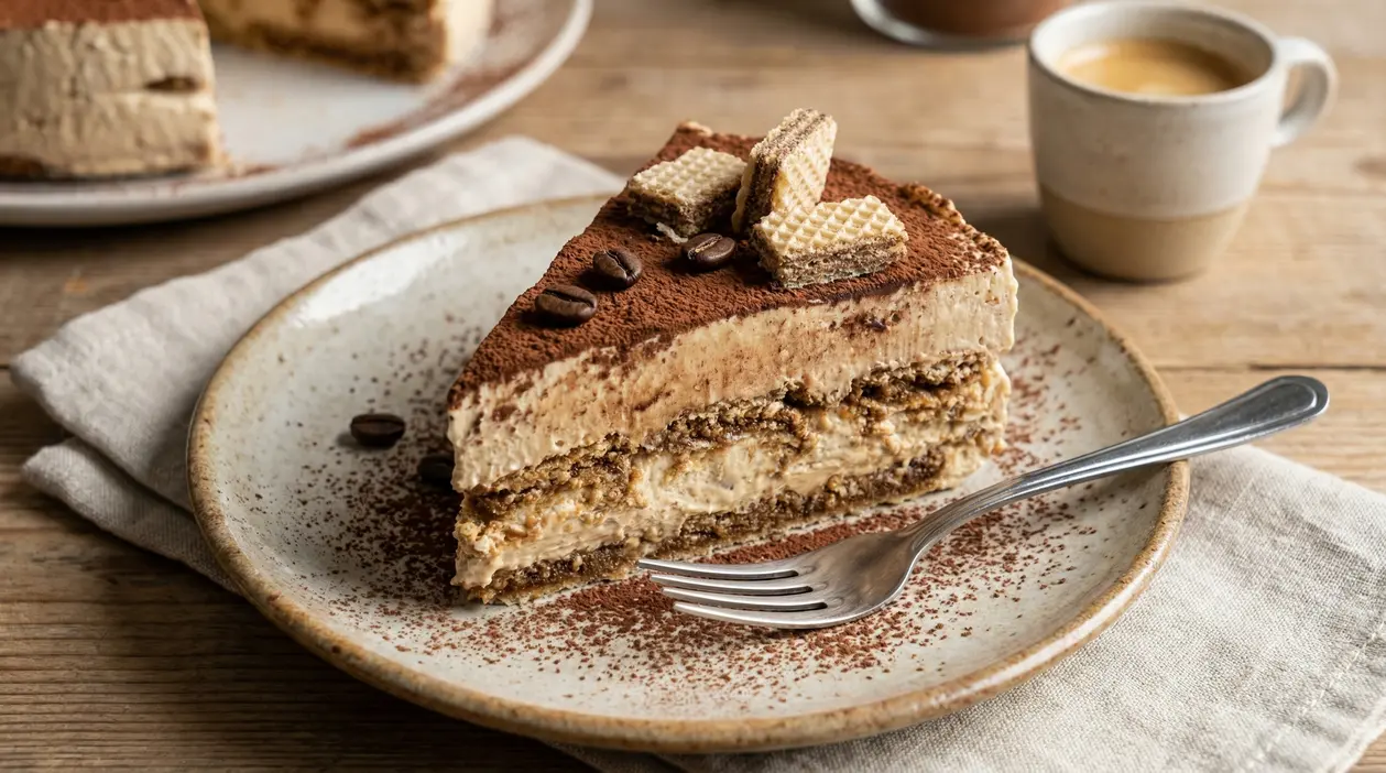 Fetta di torta fredda con wafer e crema al caffè su piatto rustico con forchetta