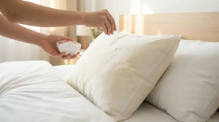Una mano sparge bicarbonato su un cuscino posato su un letto con lenzuola bianche
