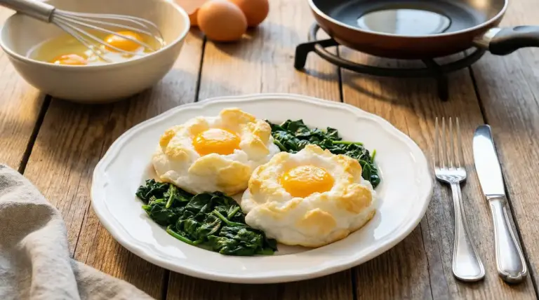 Uova montate a neve con tuorlo intero su letto di spinaci in un piatto bianco