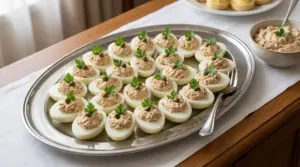 Uova sode ripiene con tonno e maionese guarnite con prezzemolo e capperi su un vassoio