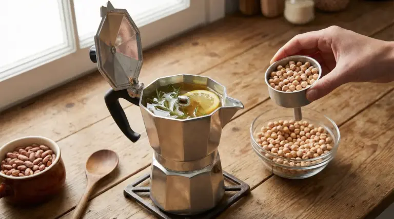 Caffettiera usata per preparare un'infusione con limone e rosmarino su un tavolo di legno