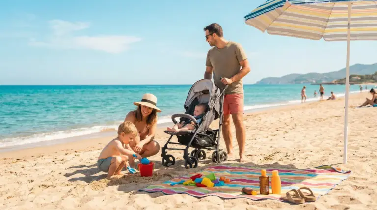 Famiglia con bambini piccoli che gioca sulla spiaggia sotto un ombrellone