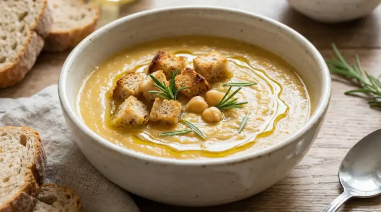 Vellutata di ceci con crostini, rosmarino e filo d'olio servita in una ciotola