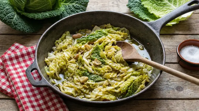 Verza stufata in padella con aglio e olio d'oliva su un tavolo rustico.