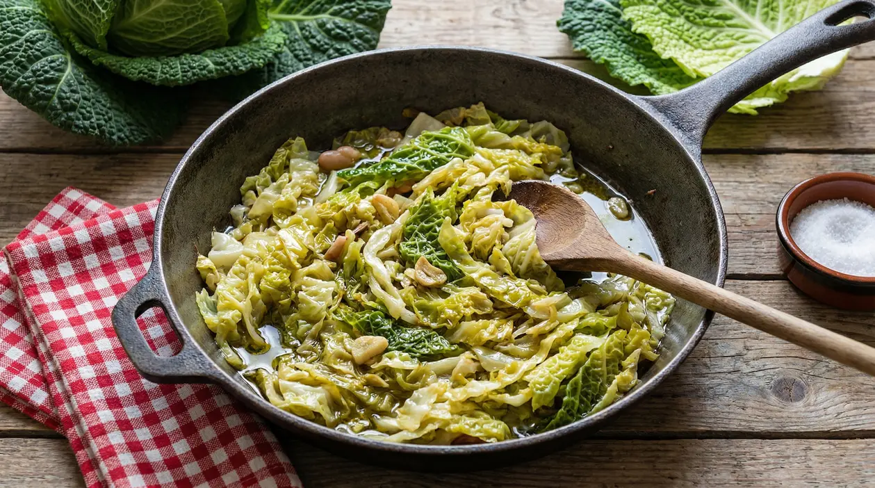 Verza stufata in padella con aglio e olio d'oliva su un tavolo rustico.
