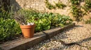 Vipera su sentiero ghiaioso vicino a un vaso di terracotta in un orto soleggiato