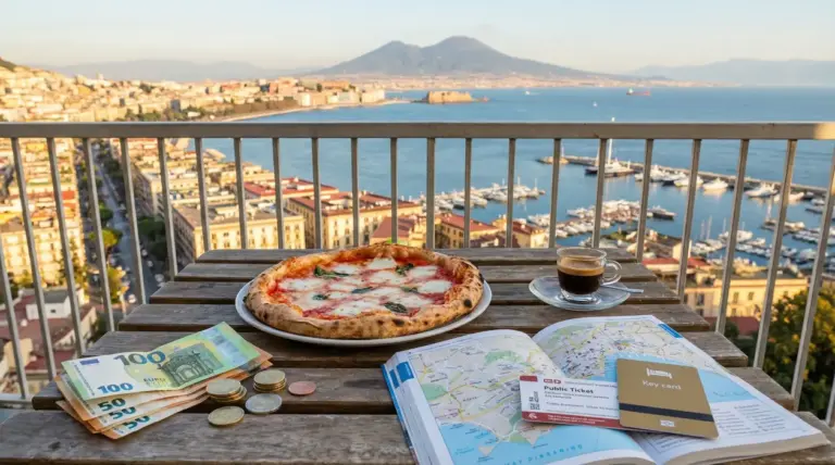 Pizza napoletana, caffè, soldi e mappa su un tavolo con vista sul golfo di Napoli e il Vesuvio