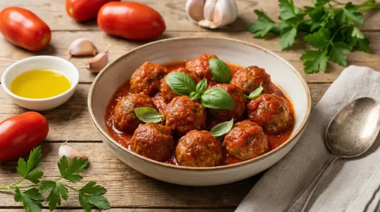 Polpette al sugo di pomodoro con foglie di basilico in una ciotola, con pomodori e aglio su tavolo di legno