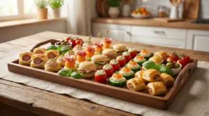 Vassoio di stuzzichini per aperitivo con finger food assortiti: mini panini, sfoglie, pomodorini ripieni e olive