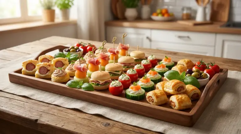 Vassoio di stuzzichini per aperitivo con finger food assortiti: mini panini, sfoglie, pomodorini ripieni e olive