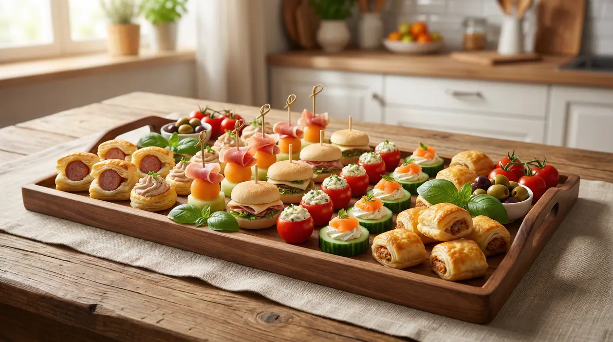 Vassoio di stuzzichini per aperitivo con finger food assortiti: mini panini, sfoglie, pomodorini ripieni e olive