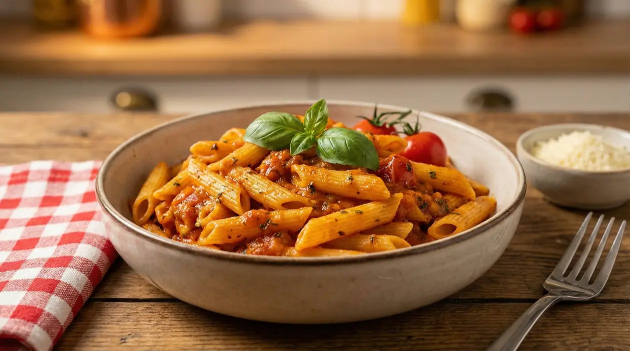 Ciotola di penne al sugo di pomodoro con basilico fresco e pomodorini, servita su tavolo di legno