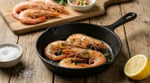 Mazzancolle cotte in padella di ghisa con olio e prezzemolo, con limone e sale su tavolo di legno