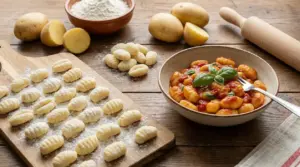 Gnocchi di patate fatti in casa su tagliere infarinato e ciotola con gnocchi al sugo di pomodoro e basilico