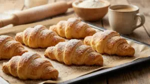 Cornetti sfogliati fatti in casa su teglia con zucchero a velo, con tazza di caffè e mattarello sullo sfondo