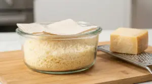 Contenitore in vetro con formaggio grattugiato e carta assorbente, accanto a grattugia e pezzo di formaggio