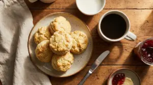 Biscotti da inzuppo fatti in casa su un piatto, con caffè, latte e marmellata su un tavolo di legno
