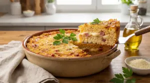 Timballo di riso al forno con provola e prosciutto, fetta sollevata dalla teglia con ripieno filante