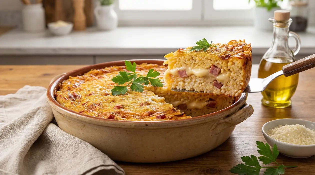 Timballo di riso al forno con provola e prosciutto, fetta sollevata dalla teglia con ripieno filante