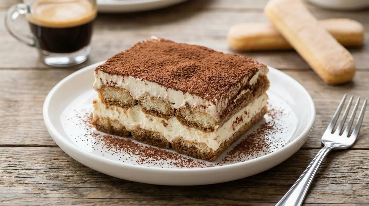 Fetta di tiramisù alla crema con cacao in polvere su piatto bianco, con tazzina di caffè sullo sfondo