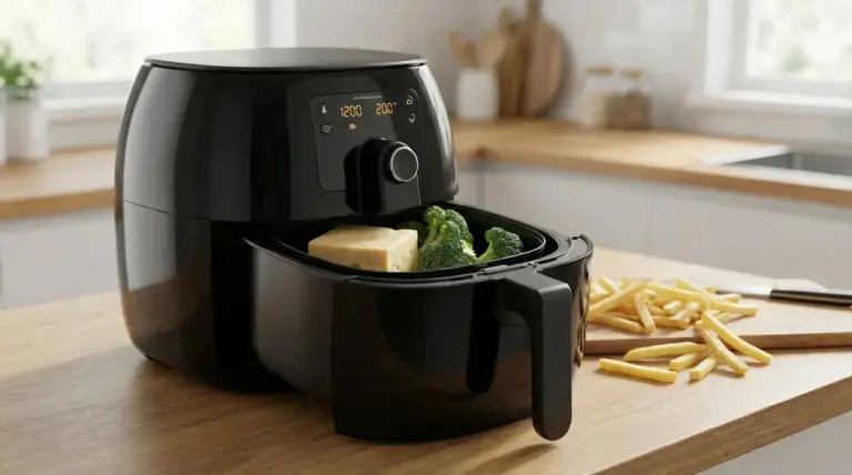 Friggitrice ad aria con cassetto aperto, broccoli e un pezzo di formaggio sul piano cucina