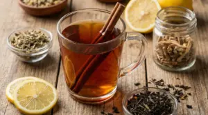 Tisana in tazza di vetro con stecche di cannella, limone e foglie di tè su tavolo di legno