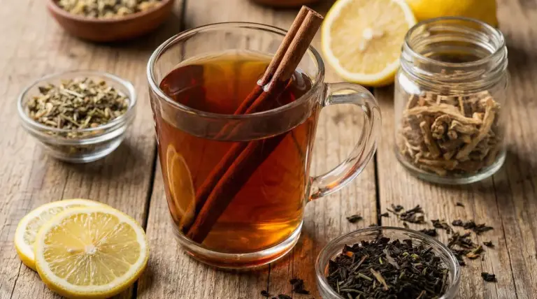 Tisana in tazza di vetro con stecche di cannella, limone e foglie di tè su tavolo di legno