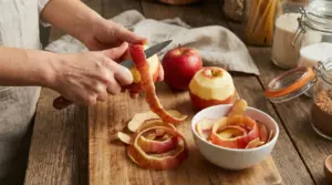 Mani che sbucciano una mela su tagliere, con bucce in una ciotola e mele sul tavolo