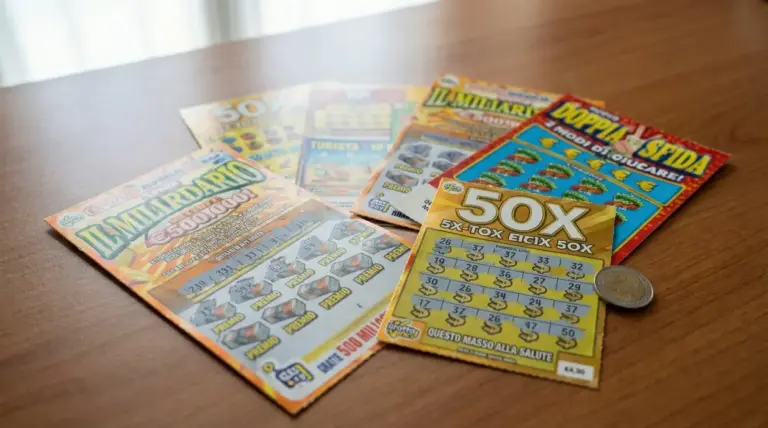 Gratta e vinci italiani assortiti su un tavolo di legno con una moneta accanto a un biglietto grattato