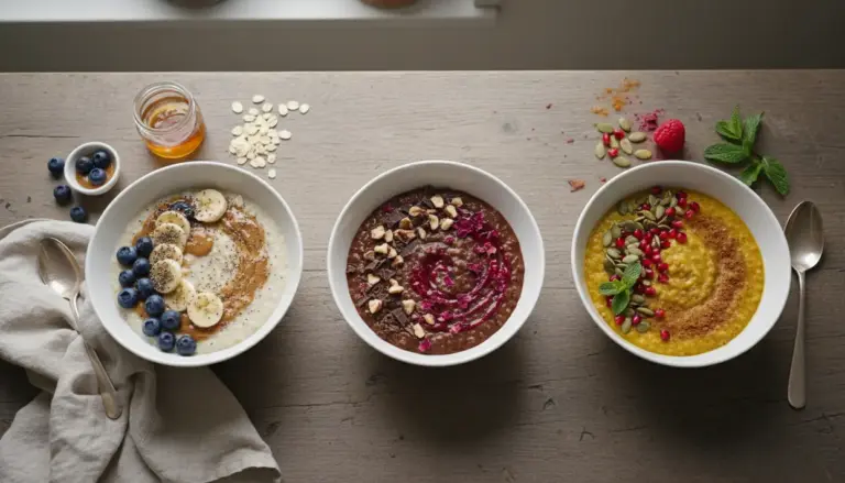 Tre ciotole di porridge con frutta, semi e spezie su un tavolo, idee per una colazione sana e golosa